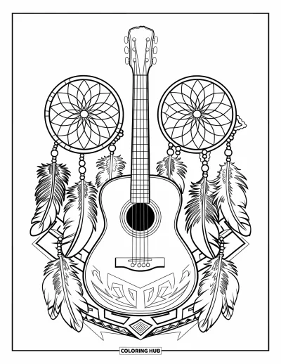 Coloriage Guitare pour adultes : Une guitare est entourée de plumes, d’attrape-rêves et de motifs tribaux audacieux
