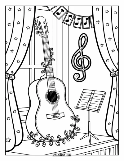 Coloriage Guitare pour adultes : Une guitare s’appuie près d’une fenêtre avec des rideaux étoilés, des vignes et un minuscule pupitre de musique
