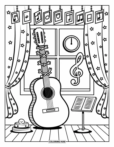 Coloriage Guitare pour adultes : Une guitare repose près de la fenêtre sous des rideaux à motifs d’étoiles et des notes de musique encadrées