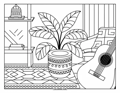 Coloriage de guitare pour adultes : une guitare est posée sur une chaise près d’une étagère et d’un tapis à motifs dans un espace calme