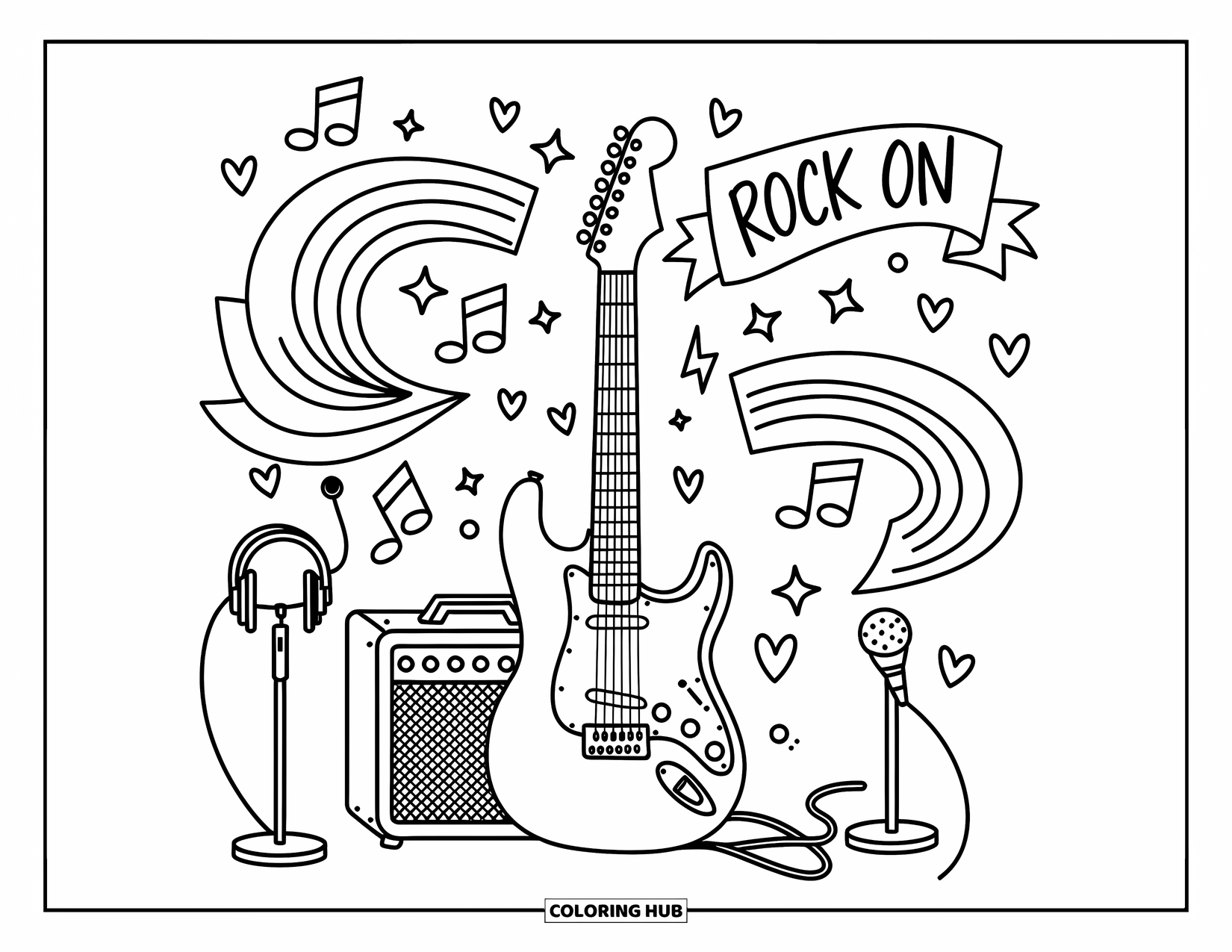 Gitaar Kleurplaat voor Volwassenen: Een kawaii elektrische gitaar leunt op een versterker met muzieknoten, sterren en een "Rock On" banner