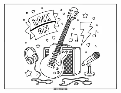 Coloriage Guitare pour adultes : Une guitare électrique kawaii se tient près de notes mignonnes, d’éclairs, de cœurs et d’une bannière ludique