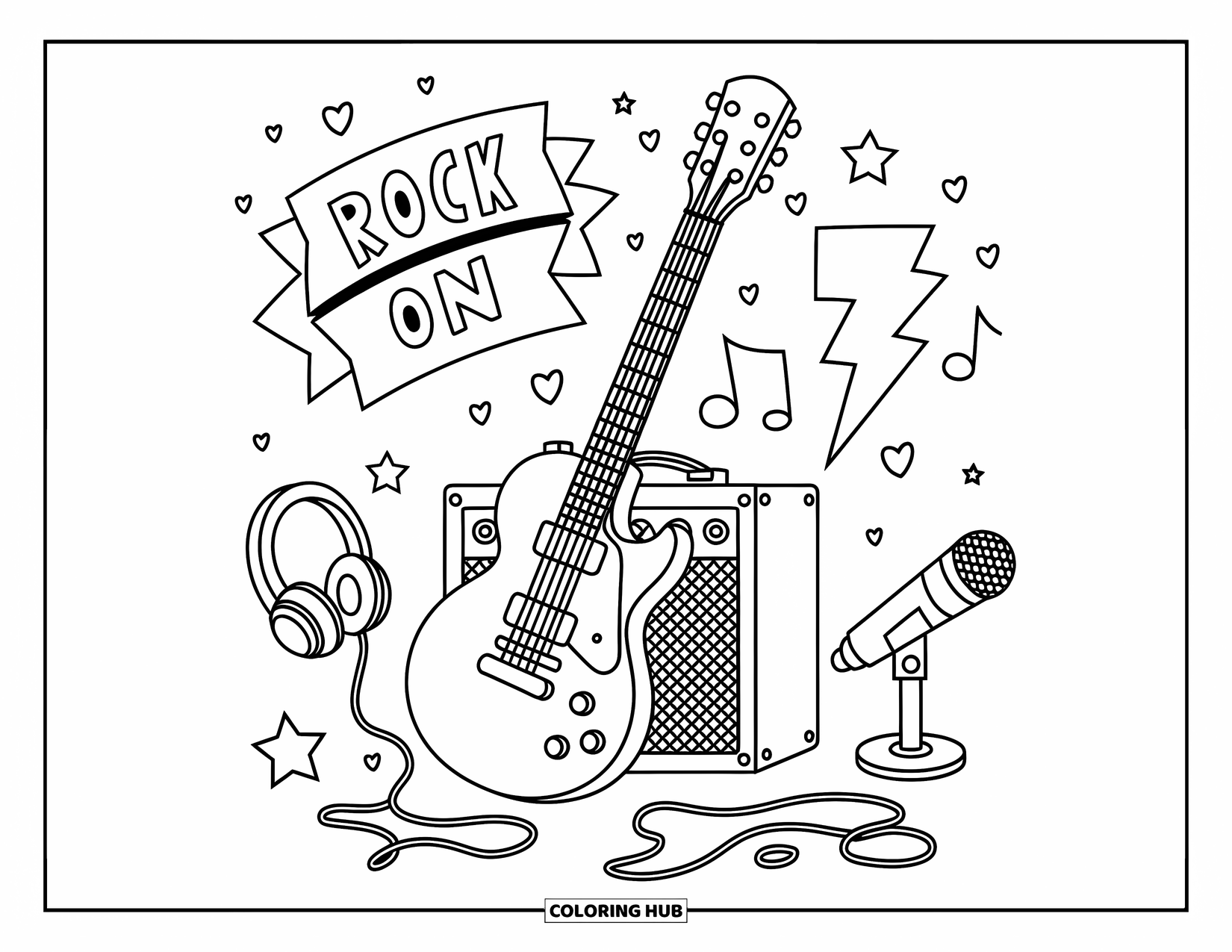 Gitaar Kleurplaat voor Volwassenen: Een kawaii elektrische gitaar staat in de buurt van schattige noten, bliksemschichten, hartjes en een speelse banner