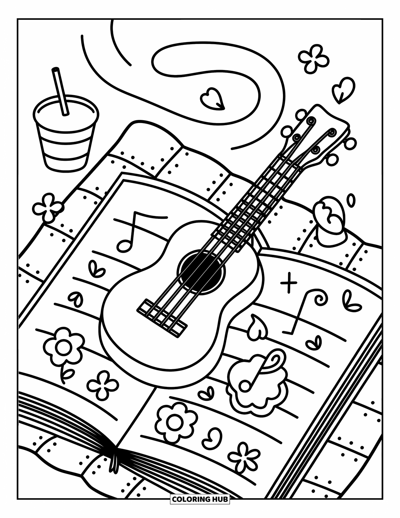 Gitaar Kleurplaat voor Volwassenen: Een kawaii ukelele rust op een muzieknotitieboek met bloemblaadjes, een drankje en een koekje