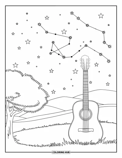 Coloriage Guitare pour adultes : Un ciel nocturne paisible présente une silhouette de guitare avec des étoiles et un croissant de lune