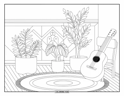 Coloriage de guitare pour adultes : une pièce paisible montre une guitare sur une chaise avec des plantes et un mur à motifs