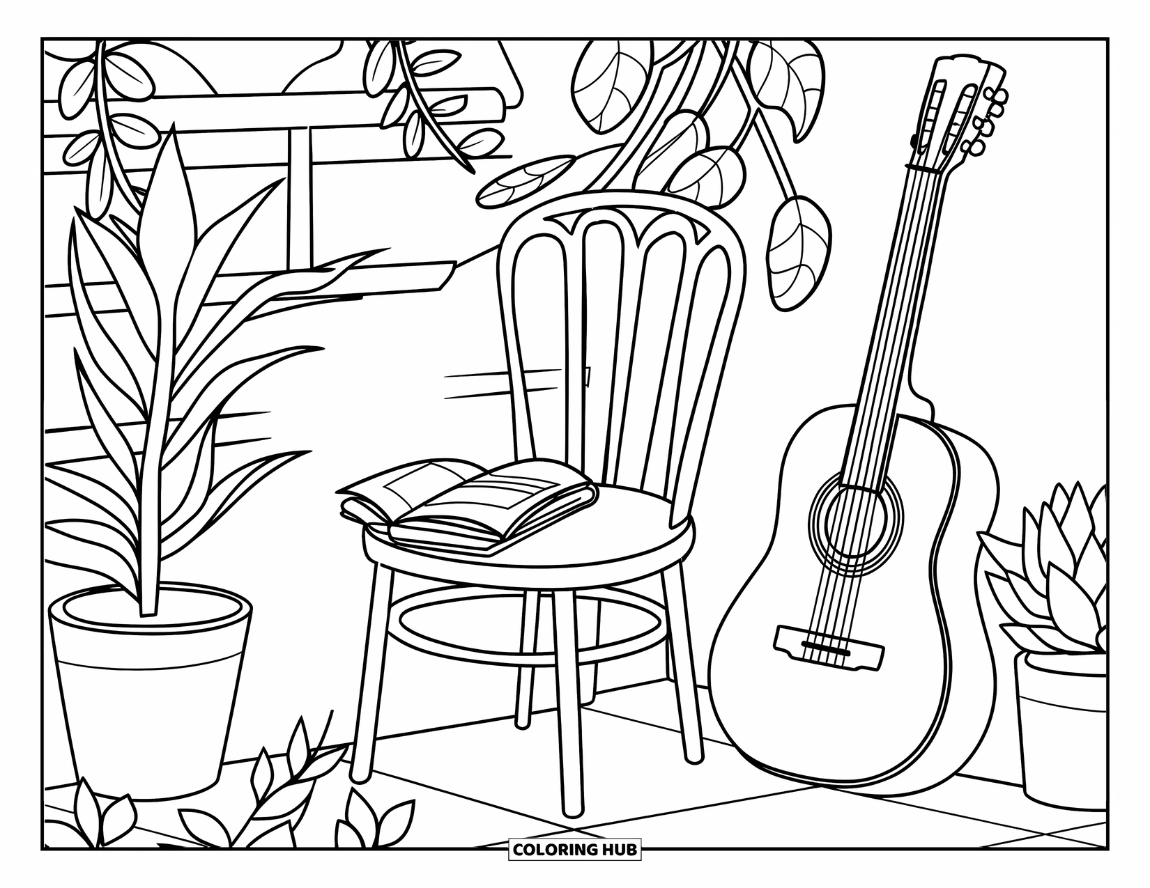 Gitaar Kleurplaat voor Volwassenen: Een rustige caféscène toont een boek op een stoel met een gitaar bij de muur
