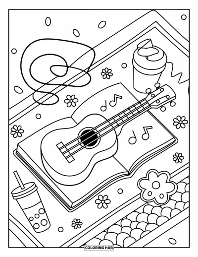Coloriage Guitare pour adultes : Une douce brise tourbillonne autour d’un ukulélé reposant sur un cahier avec des détails confortables