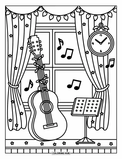 Coloriage Guitare pour adultes : Une scène douce montre une guitare et des cadres musicaux entourés de détails confortables et ludiques