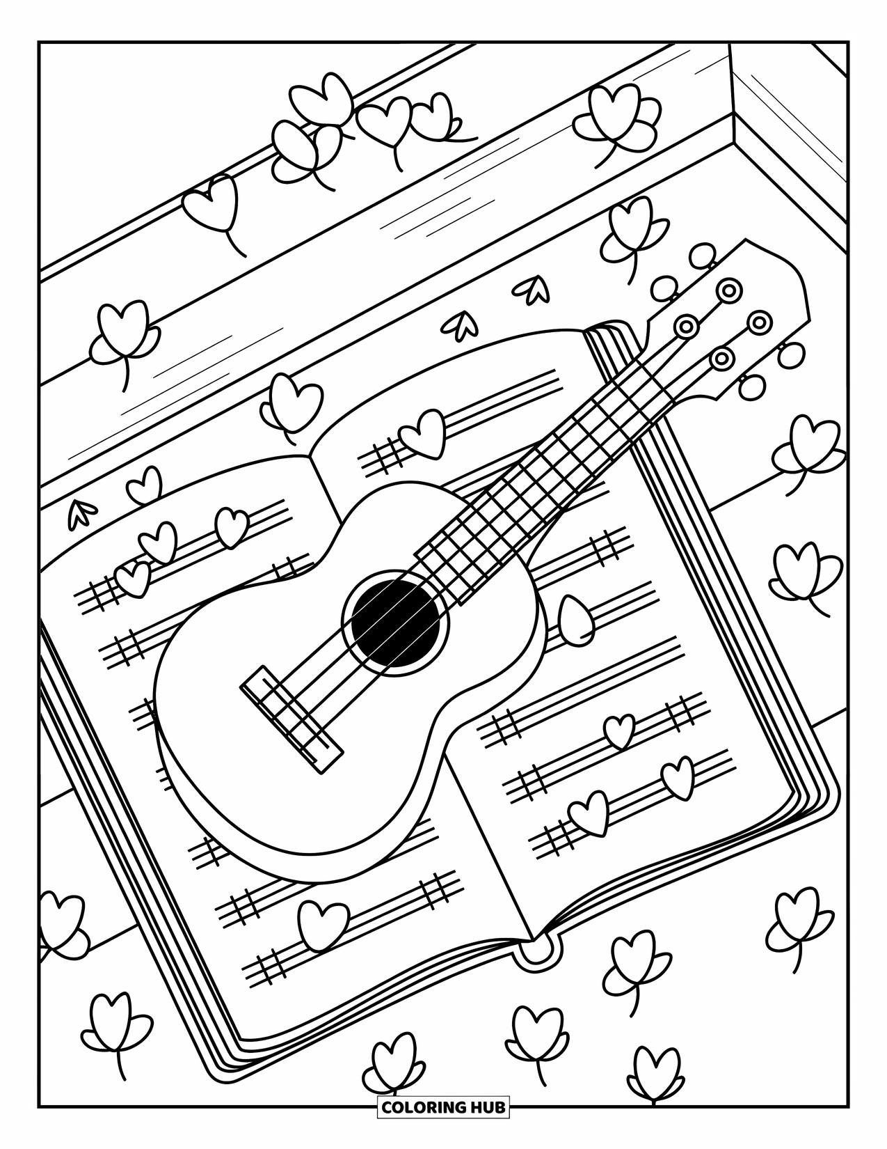 Gitaar Kleurplaat voor Volwassenen: Een ukelele ligt naast gekrabbelde akkoorddiagrammen en bloemblaadjes in een gezellig hoekje