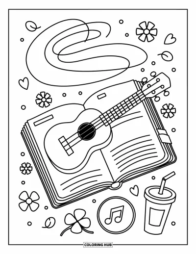 Coloriage Guitare pour adultes : Un ukulélé est posé sur un tapis à côté d’une boisson, de pétales de fleurs et d’un biscuit en forme de note de musique
