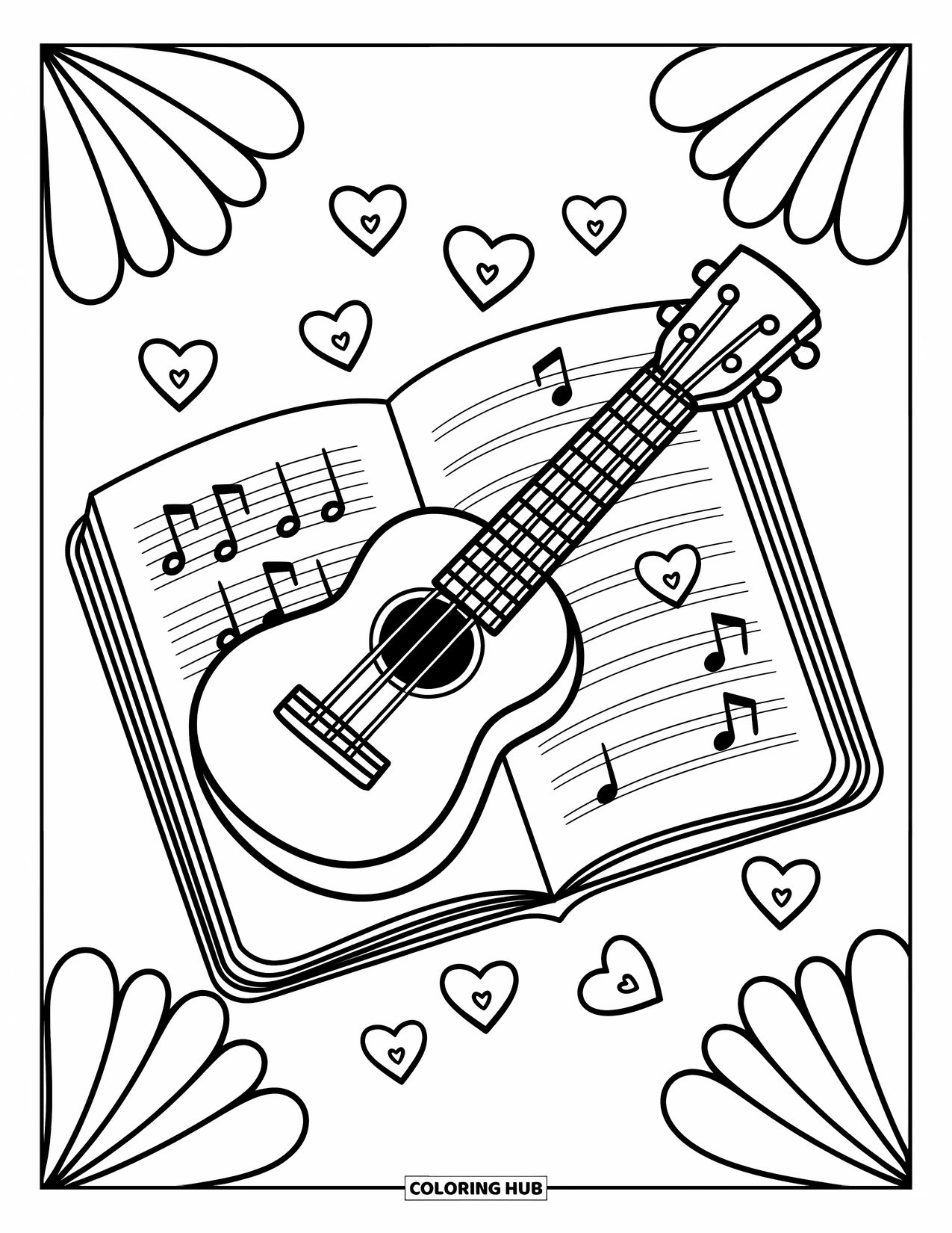 Gitaar Kleurplaat voor Volwassenen: Een ukelele zit op een notitieboek met hartvormige plectrums en bloemendoodles eromheen