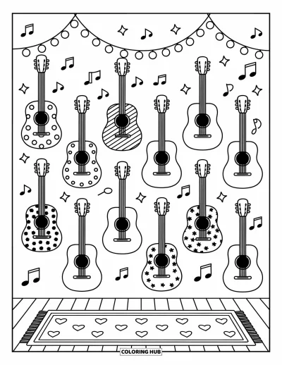 Coloriage Guitare pour adultes : Un mur de guitares mignonnes avec des motifs amusants brille sous des guirlandes lumineuses et des notes flottantes