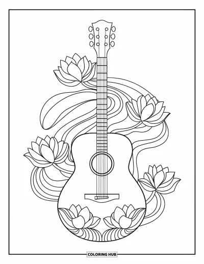 Coloriage Guitare pour adultes : Une guitare zen est associée à des fleurs de lotus et à des lignes fluides sur un fond blanc
