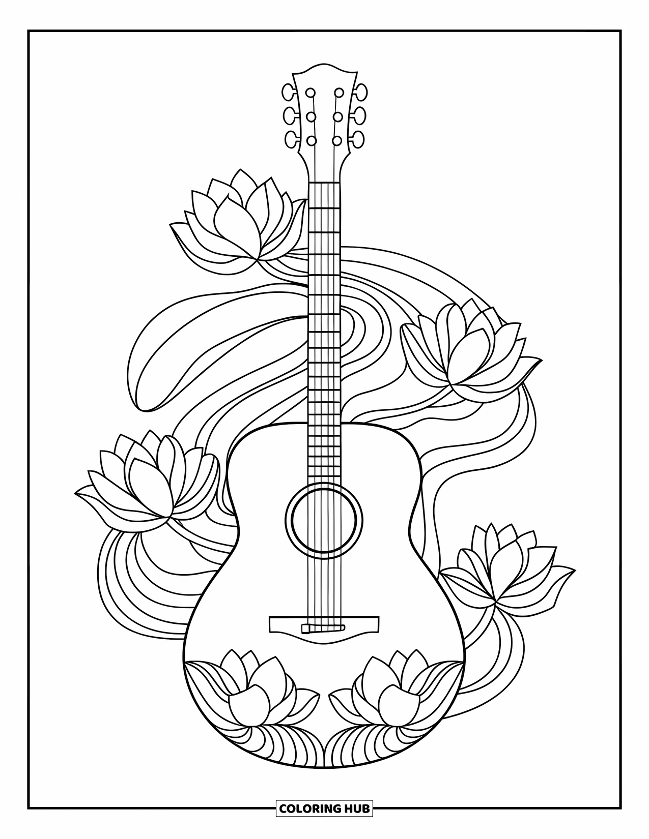 Gitaar Kleurplaat voor Volwassenen: Een Zen-gitaar is gecombineerd met lotusbloemen en vloeiende lijnen op een witte achtergrond