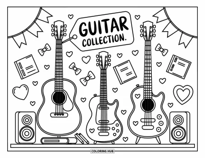 Coloriage Guitare pour adultes : Des guitares acoustiques, électriques et basses reposent sur une étagère confortable avec de jolis livres et des haut-parleurs