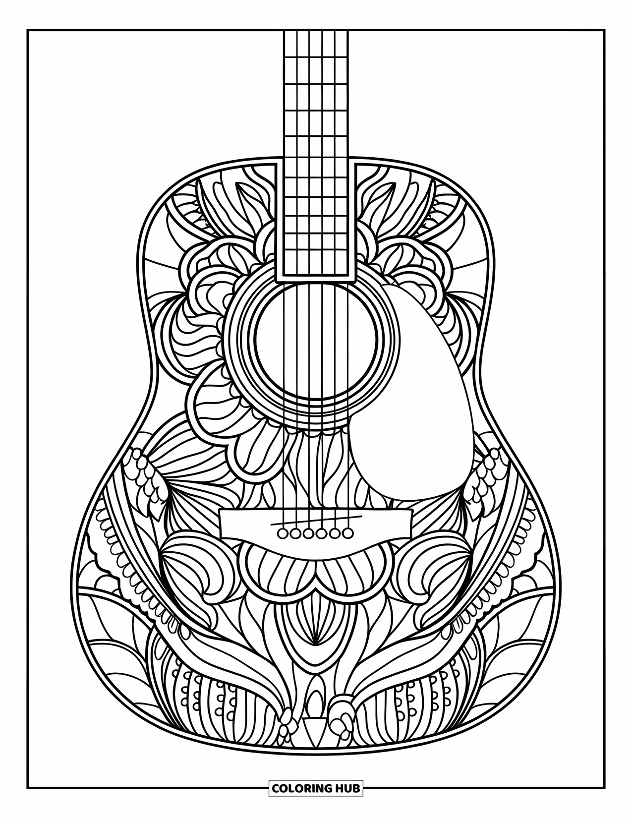 Gitaar Kleurplaat voor Volwassenen: Een akoestische gitaar gevuld met ingewikkelde mandala-ontwerpen staat op een witte pagina