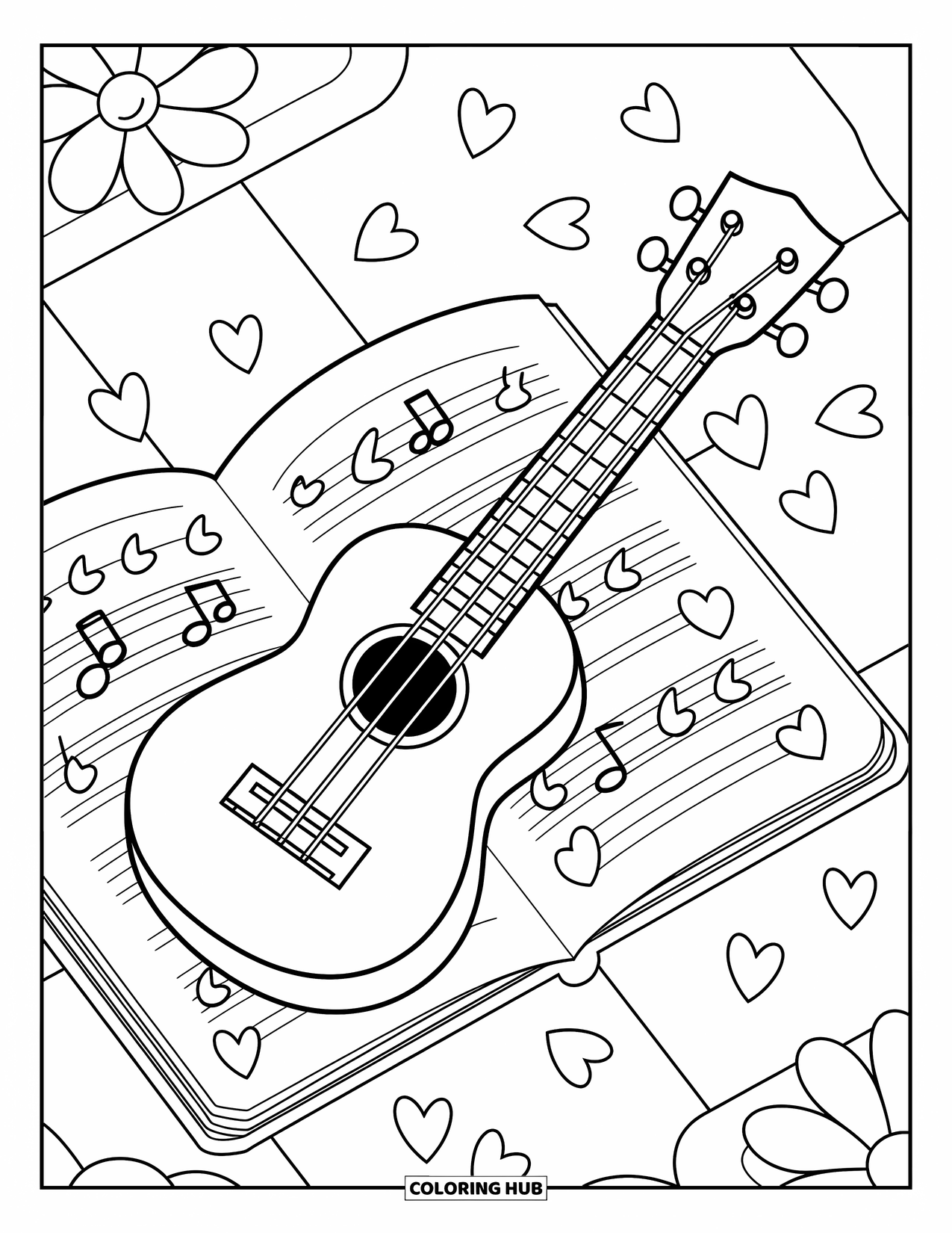 Gitaar Kleurplaat voor Volwassenen: Een schattige ukelele rust tussen hartjes, bloemblaadjes en speelse muzikale krabbels