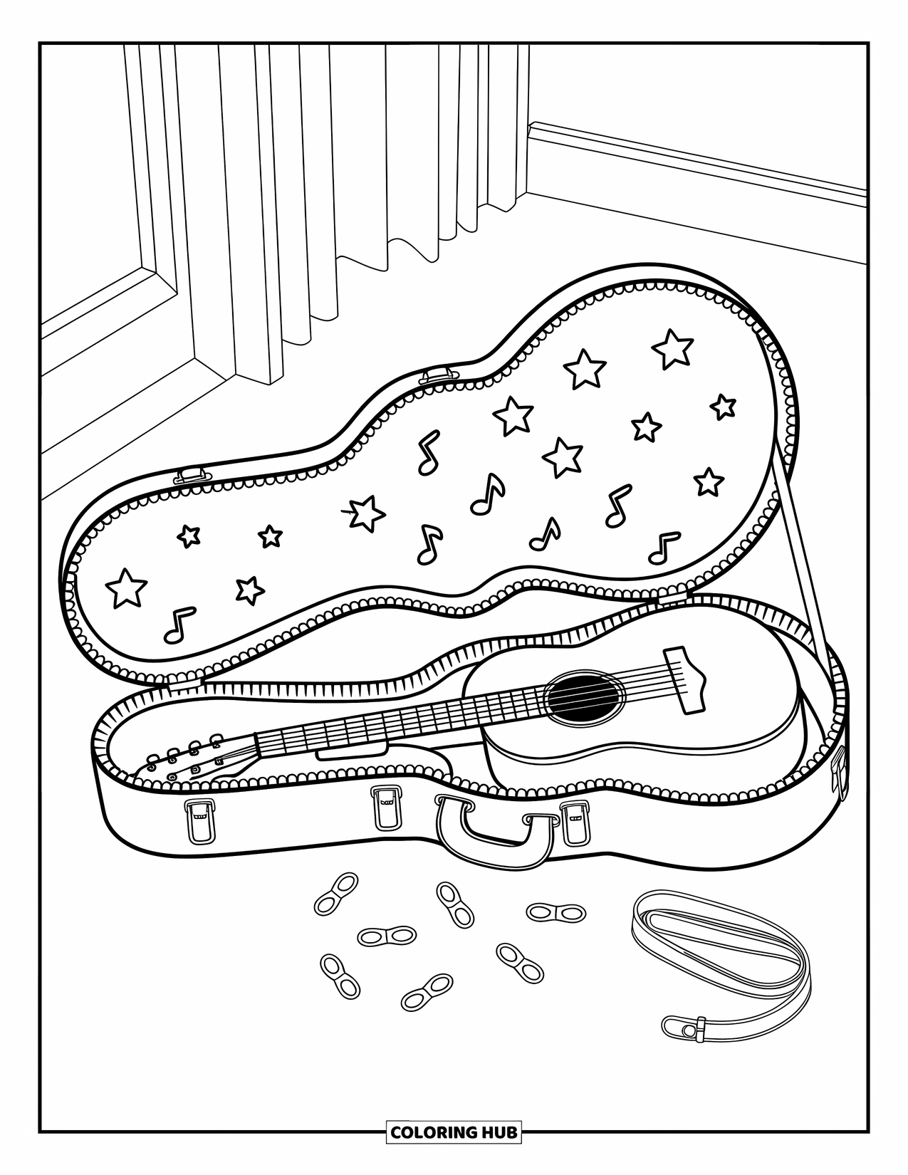 Gitaar Kleurplaat voor Volwassenen: Een open gitaarkoffer toont een zwierig interieur met plectrums, een riem en een met stickers bekleed deksel