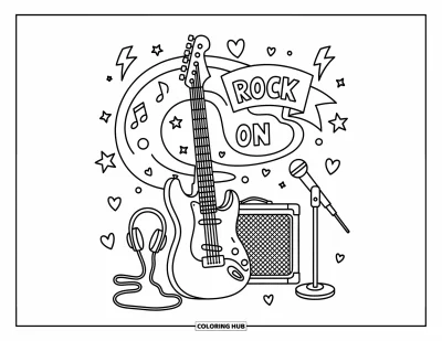 Coloriage Guitare pour adultes : Une guitare kawaii surdimensionnée repose sur un ampli avec des étoiles, des écouteurs et une bannière « Rock On »