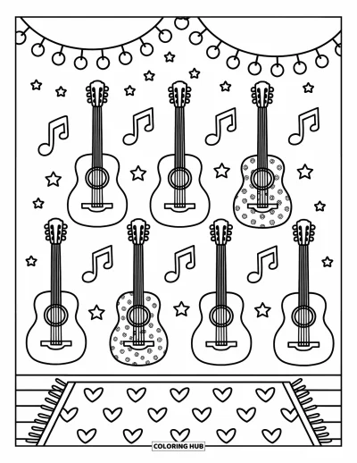 Coloriage Guitare pour adultes : De charmantes guitares avec des motifs floraux et rayés sont suspendues au-dessus d’un tapis confortable recouvert de cœurs