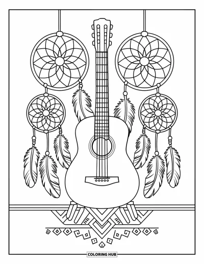 Coloriage Guitare pour adultes : Des attrape-rêves et des plumes sont suspendus autour d’une guitare placée sur un support simple