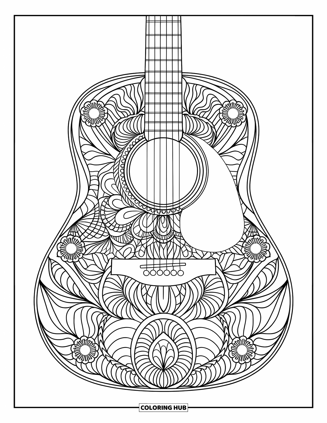 Gitaar Kleurplaat voor Volwassenen: Bloemenmandala's vullen een akoestische gitaar met dikke contouren en geen arcering