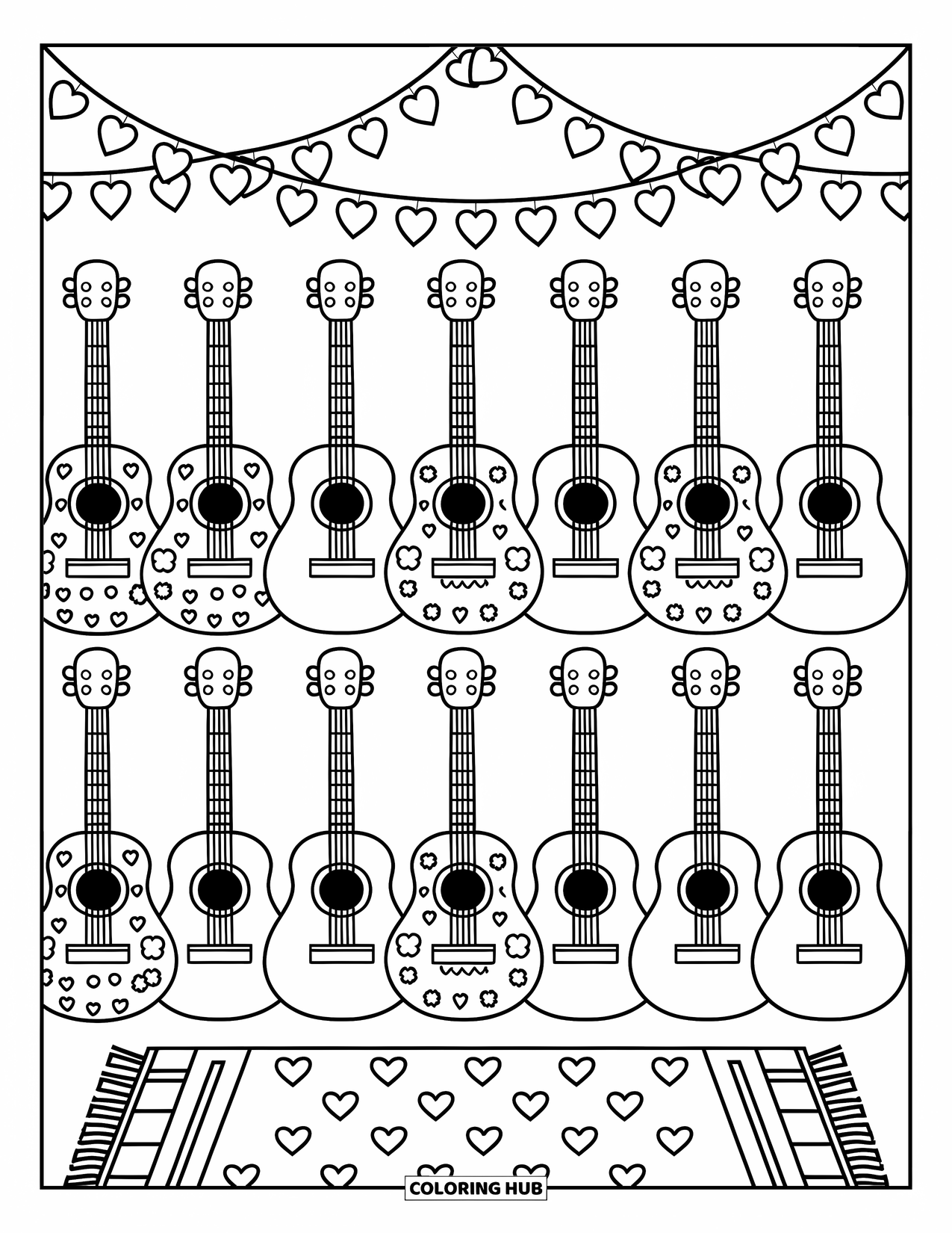 Gitaar Kleurplaat voor Volwassenen: Kawaii gitaren hangen aan de muur boven een vloerkleed met hart- en sterontwerpen