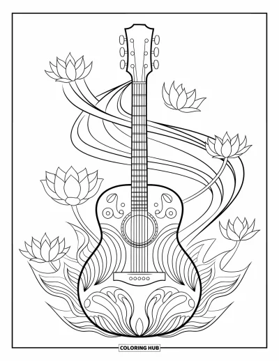 Coloriage Guitare pour adultes : Des fleurs de lotus et des vagues entourent une guitare de style zen dans une mise en page paisible en noir et blanc