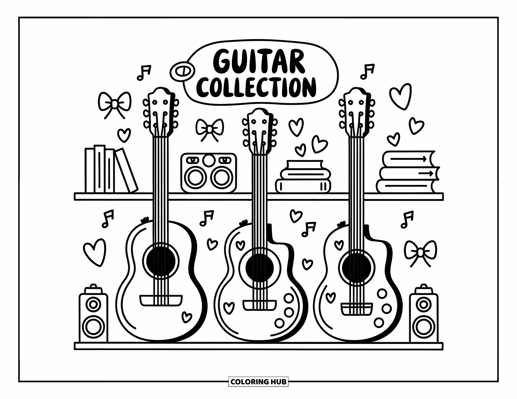Gitaar Kleurplaat voor Volwassenen: Drie kawaii gitaren zitten op een plank met strikken, hartjes en een ìGuitar Collectionî label