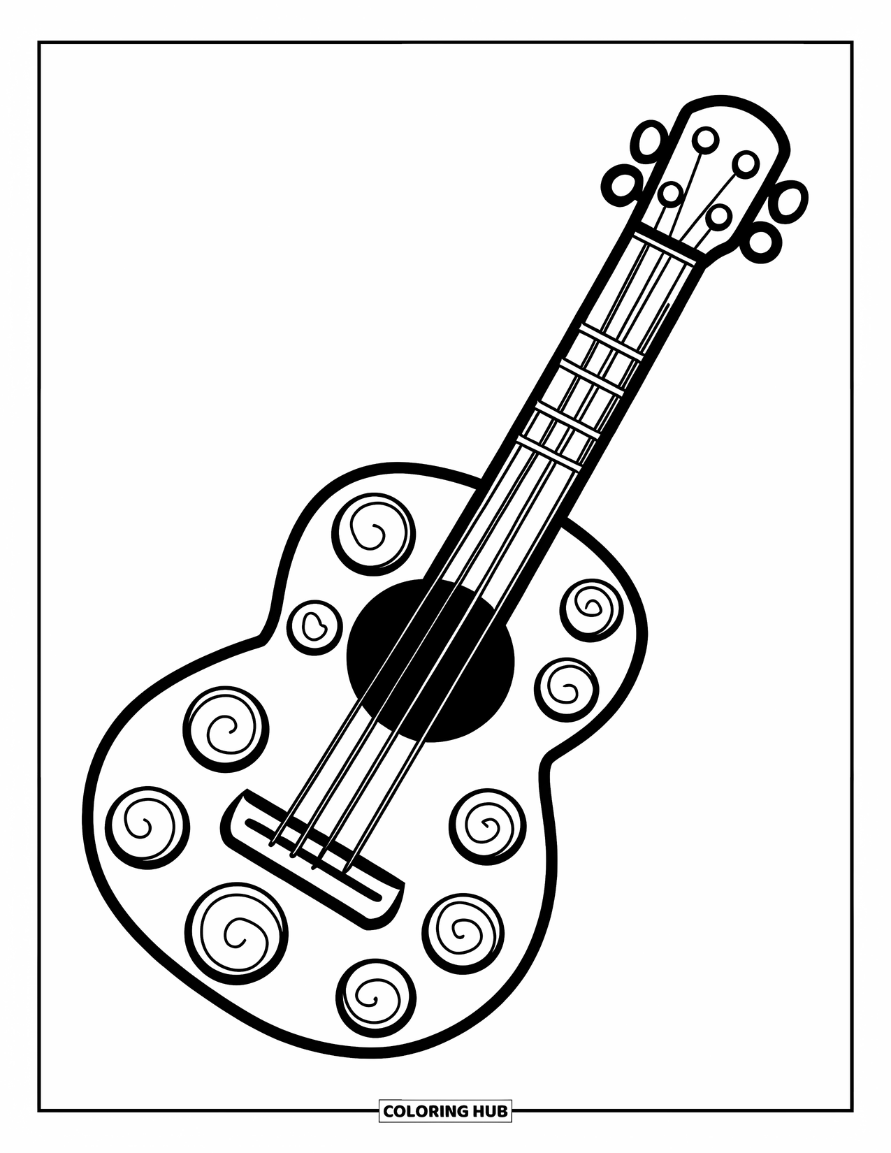 Gitaar Kleurplaat voor Kinderen: Een stoere gitaar met krullen en frets nodigt uit tot creativiteit met zijn grote vormen