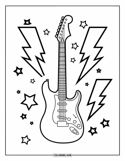 Coloriage Guitare pour enfants : Une guitare aux contours audacieux brille avec des éclairs et des étoiles dans une mise en page ludique