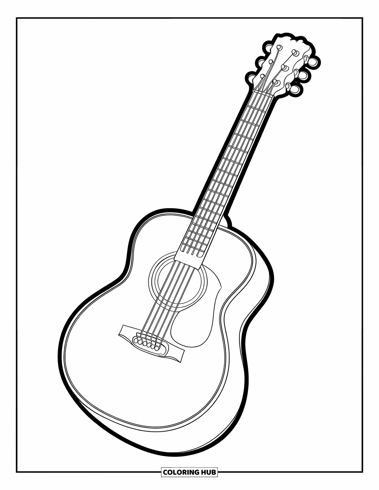 Gitaar Kleurplaat voor Kinderen: Een gitaar in cartoonstijl met dikke rondingen en stevige pinnen springt van de pagina