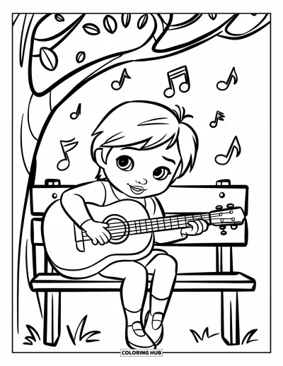 Coloriage Guitare pour enfants : Un enfant joyeux joue de la guitare sur un banc avec des notes de musique tout autour