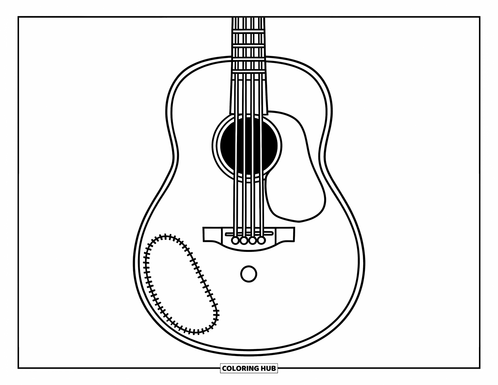 Gitaar Kleurplaat voor Kinderen: Een vrolijke gitaar met een gestikt ontwerp en knoop is klaar om in te kleuren