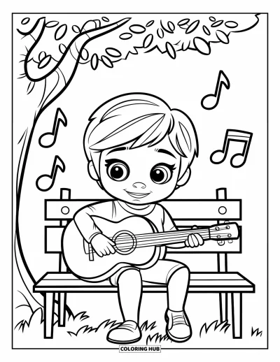 Coloriage Guitare pour enfants : Un enfant joue de la guitare sur un banc sous un arbre avec des notes de musique flottant autour