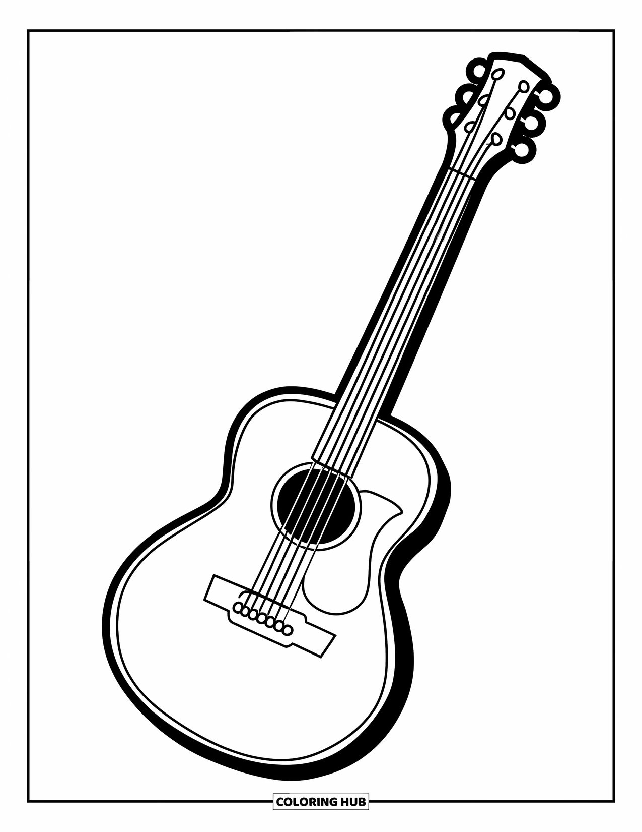 Gitaar Kleurplaat voor Kinderen: Een stevige gitaar met dikke rondingen is eenvoudig en leuk om in te kleuren