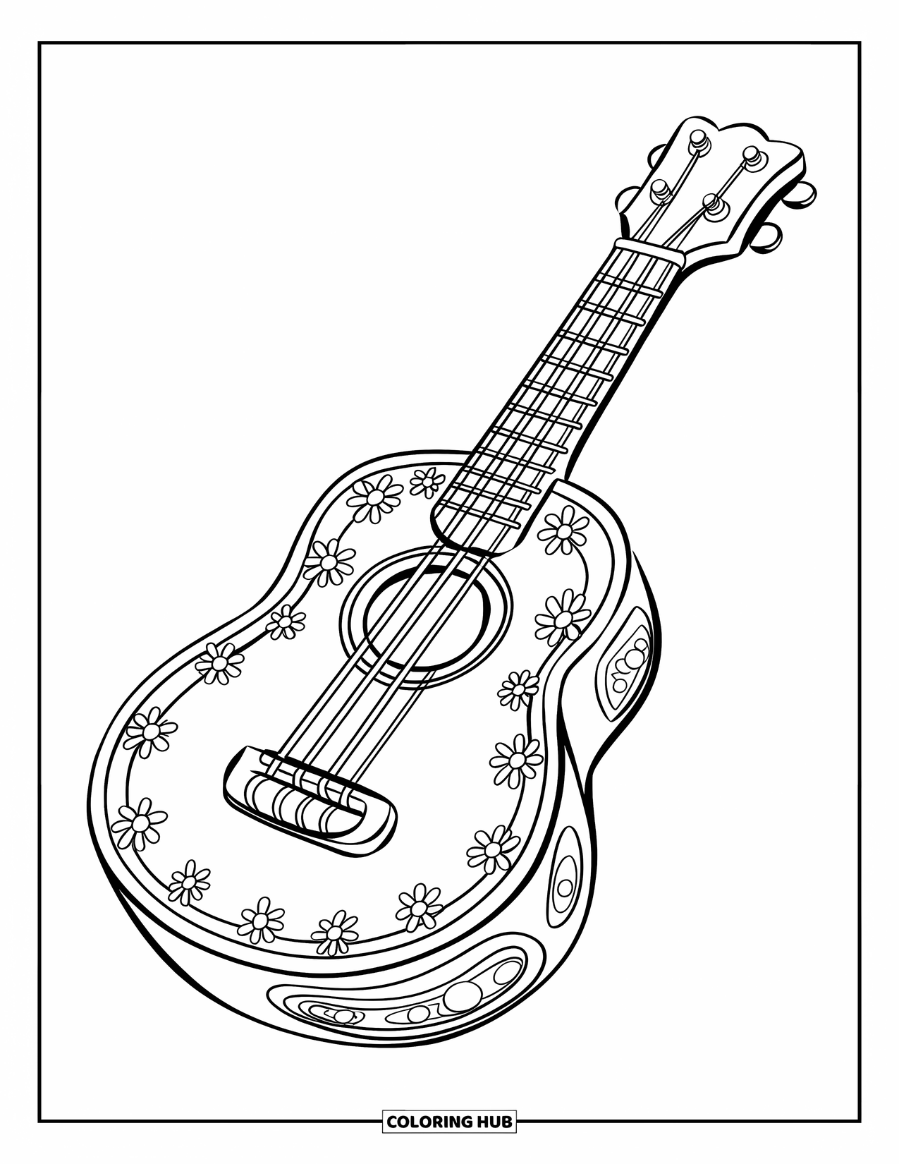 Gitaar Kleurplaat voor Kinderen: Een stevige ukelele met bloemsnijwerk maakt een speels en gezellig ontwerp