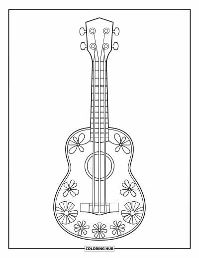 Coloriage Guitare pour enfants : Un ukulélé trapu avec des sculptures de fleurs est prêt à être colorié