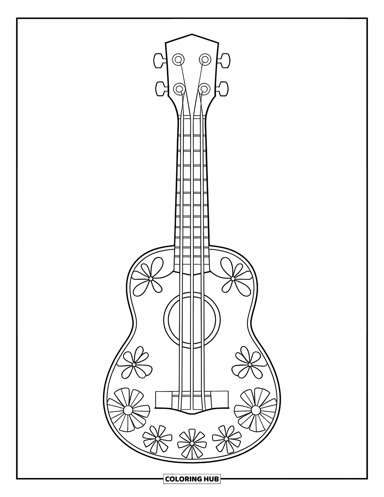 Gitaar Kleurplaat voor Kinderen: Een stevige ukelele met bloemsnijwerk zit klaar om ingekleurd te worden