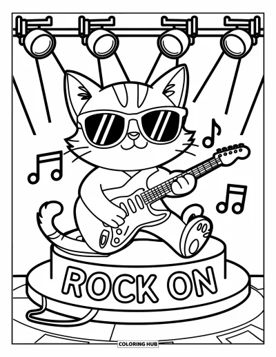 Coloriage Guitare pour enfants : Un chat cool avec des lunettes de soleil joue sur scène avec une guitare électrique et des projecteurs