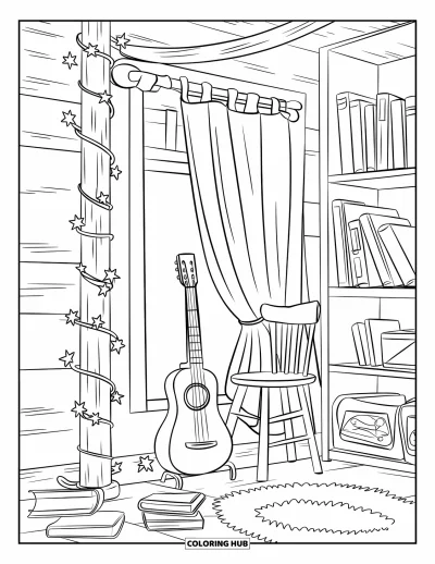Coloriage Guitare pour enfants : Une chambre confortable brille avec des guirlandes lumineuses, des livres et une guitare près de la fenêtre
