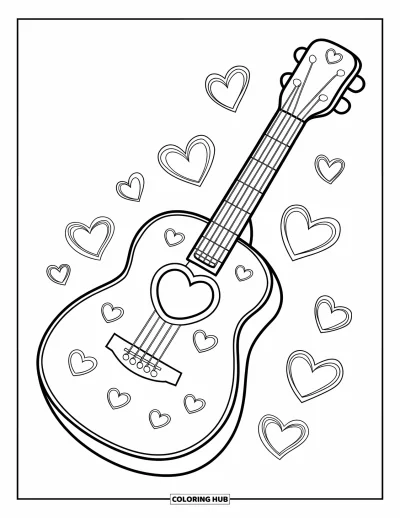 Coloriage Guitare pour enfants : Une guitare confortable avec des détails de cœur en fait un design amusant et adorable