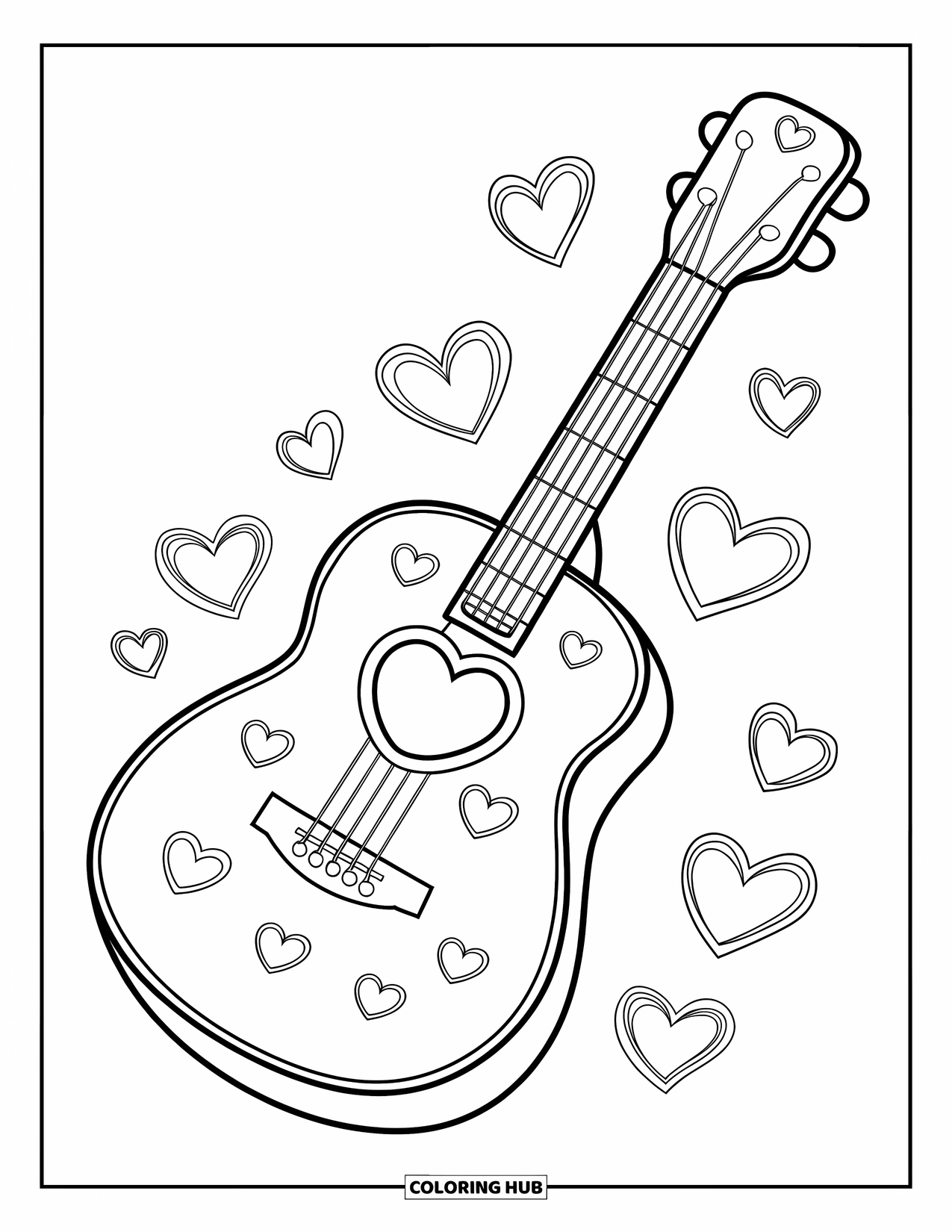 Gitaar Kleurplaat voor Kinderen: Een gezellige gitaar met hartdetails zorgt voor een leuk, liefdevol ontwerp