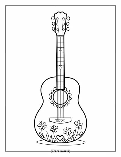 Coloriage Guitare pour enfants : Une guitare mignonne a des gribouillis de fleurs et un minuscule cœur sur sa touche