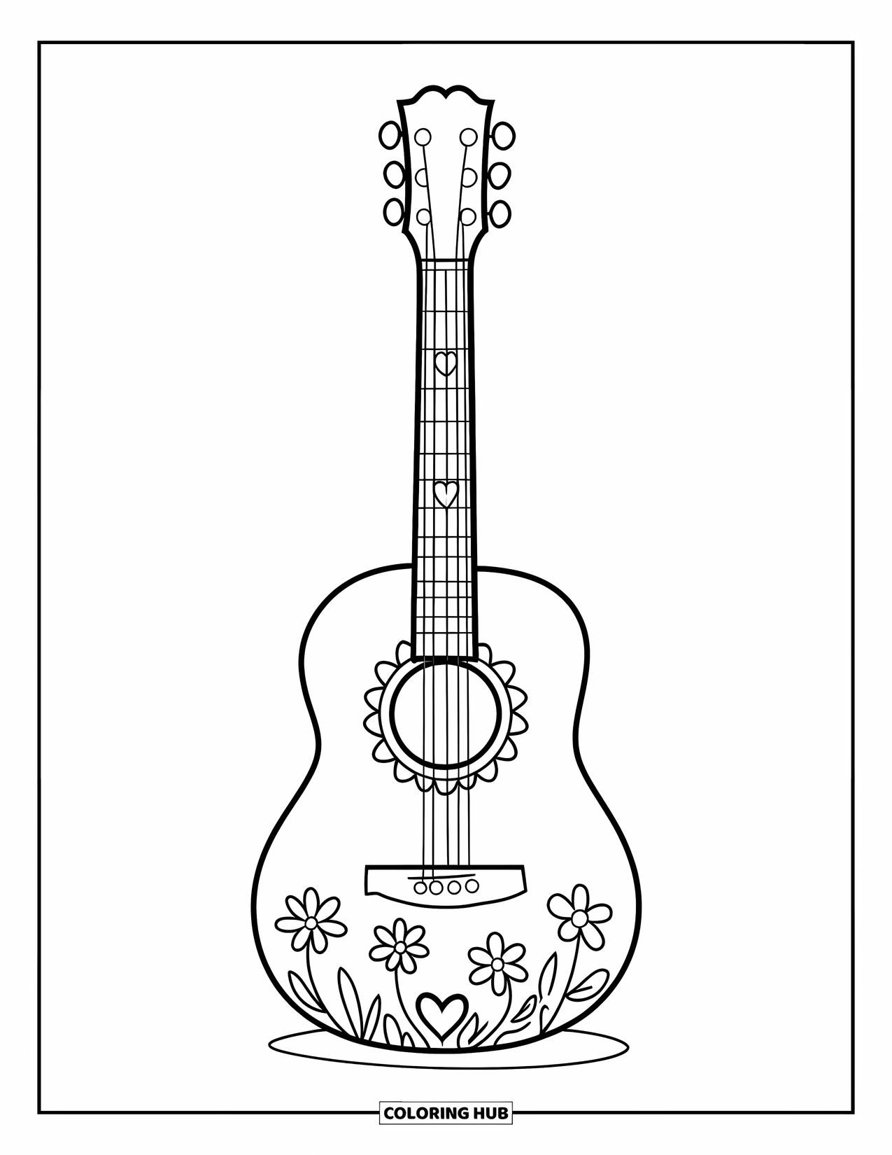 Gitaar Kleurplaat voor Kinderen: Een schattige gitaar heeft bloemendoodles en een klein hartje op zijn fretboard
