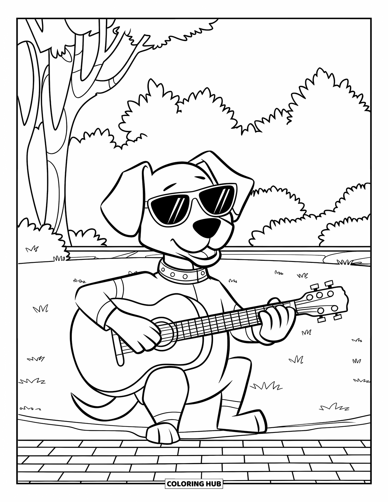 Gitaar Kleurplaat voor Kinderen: Een hond met een zonnebril speelt gitaar op het gras met bomen op de achtergrond