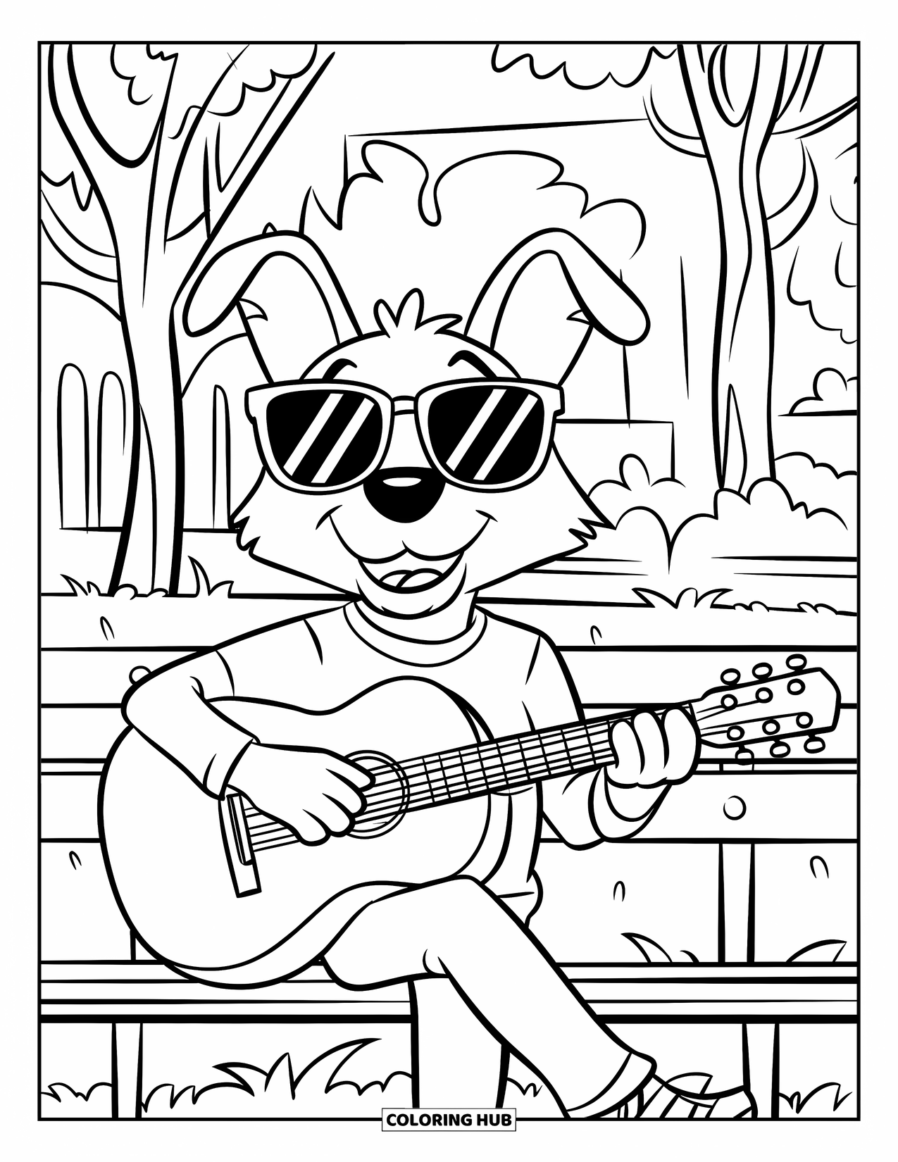 Gitaar Kleurplaat voor Kinderen: Een hond met een zonnebril tokkelt op een gitaar terwijl hij op een bankje in het park zit
