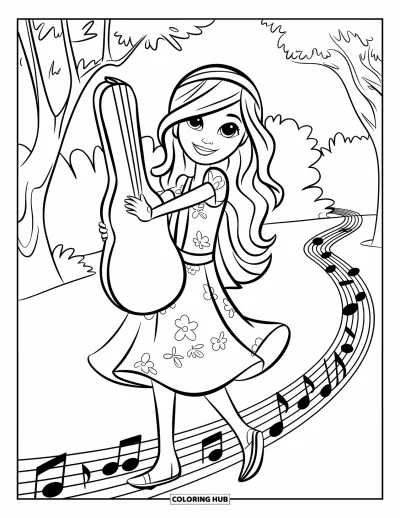 Coloriage de guitare pour enfants : Une fille se promène sur un chemin musical bordé de notes en portant un étui à guitare