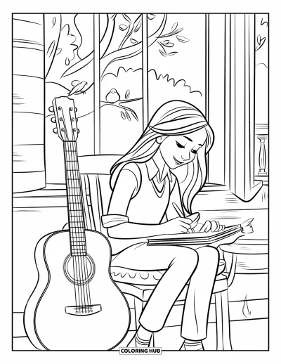Coloriage de guitare pour enfants : Une fille aux longs cheveux compose de la musique près d'une fenêtre avec des oiseaux sur le rebord